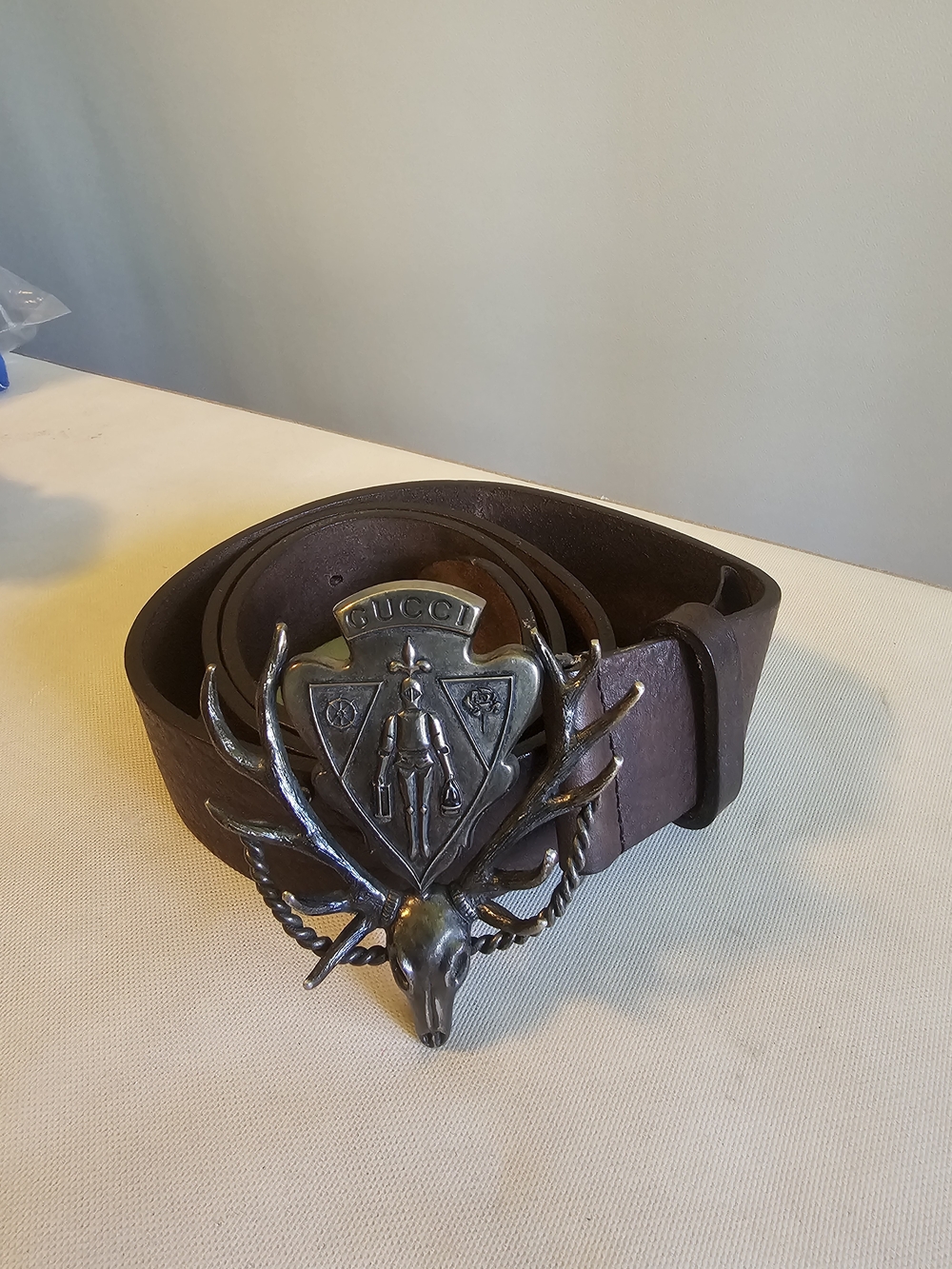 Gucci Brown Leather Belt with Silver Antler Emblem Buckle